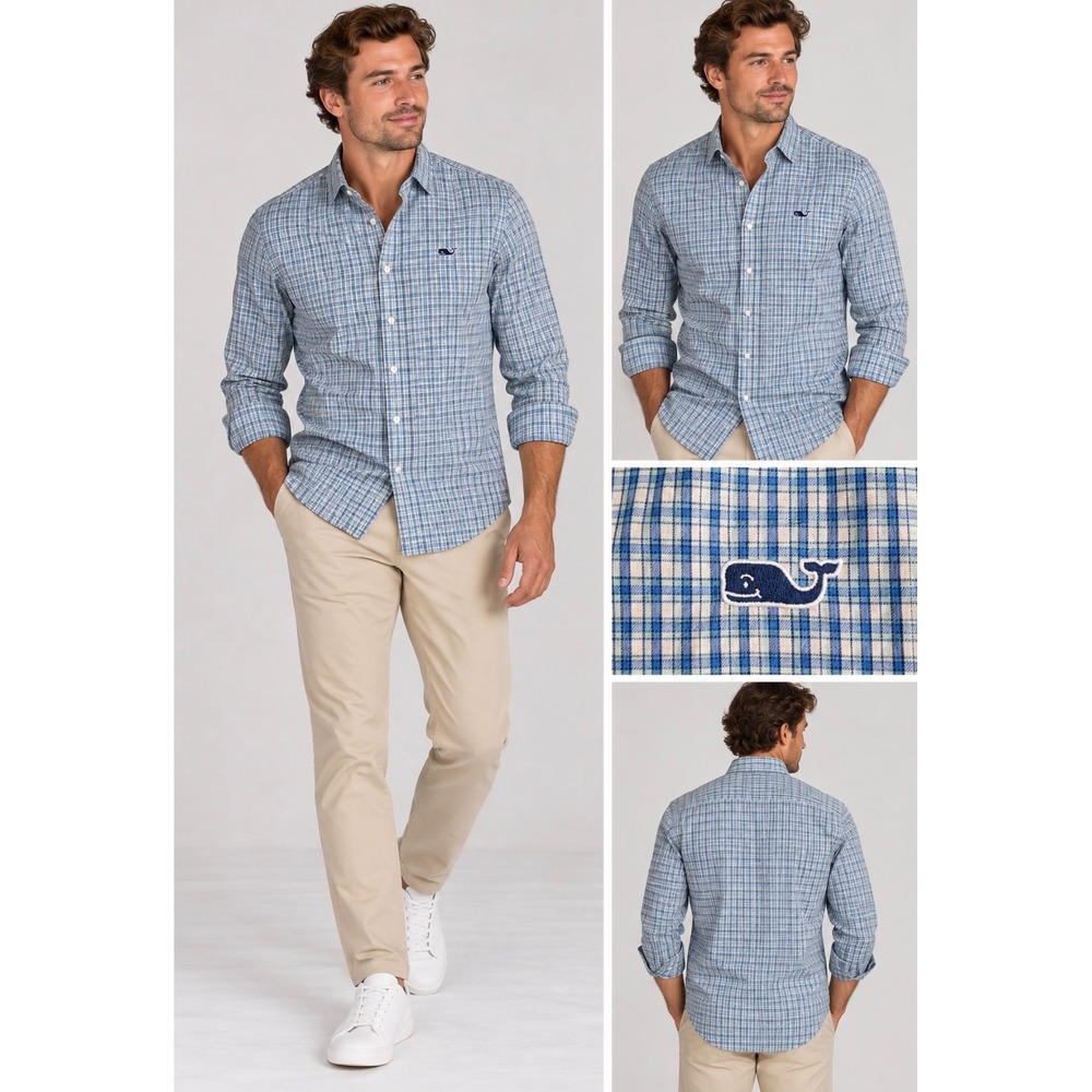 Vineyard Vines Mens Slim Fit Whale Shirt Blue Plaid Button Down M